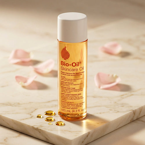 Bio-Oil 125 ml — packshot premium em mármore creme com pétalas de rosa