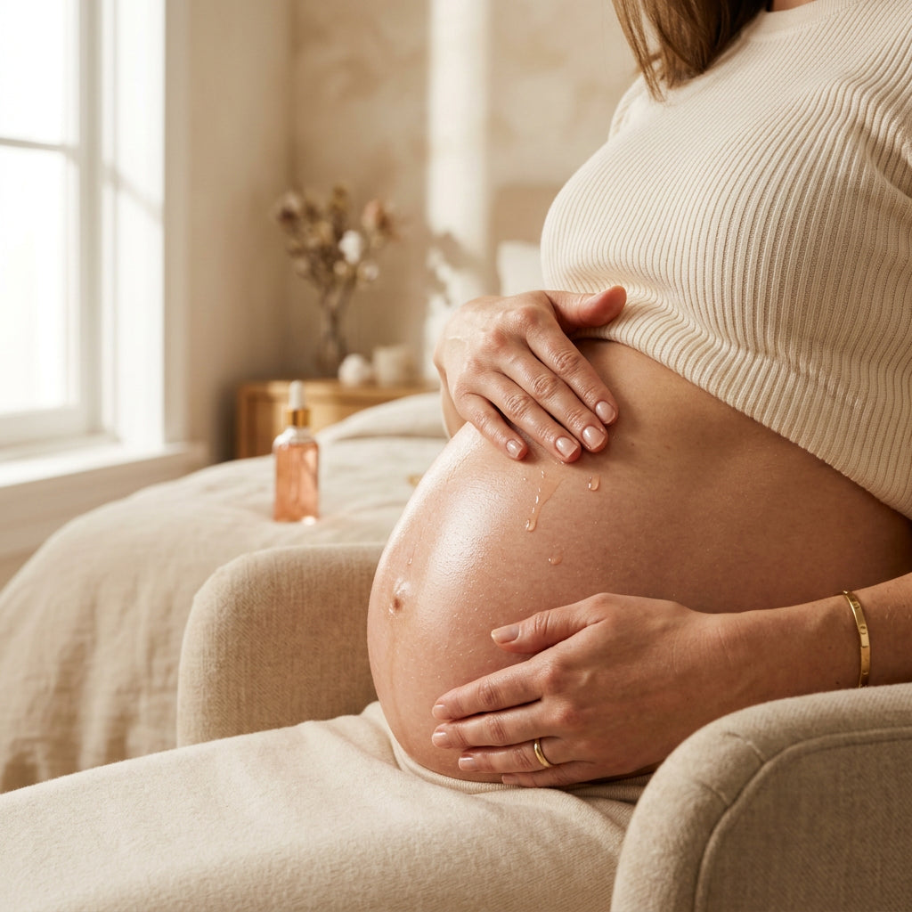 Mulher grávida a aplicar Bio-Oil na barriga